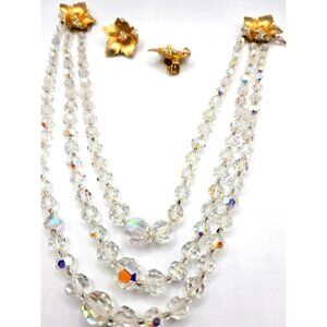 Rare 1940s Graduated Crystal Necklace and Floral Rhinestone Gold Clip Earrings